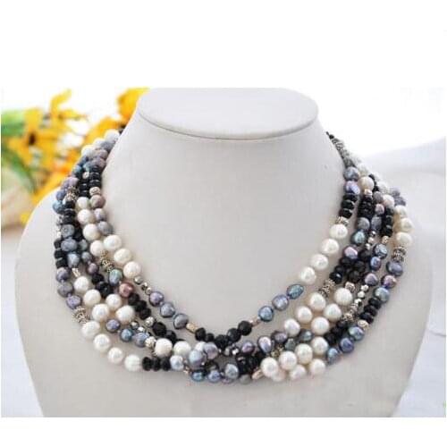 New Arrival Baroque Pearl Necklace 5Row Baroque White Black Freshwater Pearl Silvers Faceted Agates Jewelry Charming Women Gift