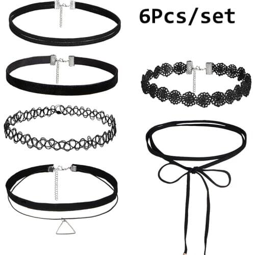 6Pcs/set 90S Punk Style Choker Necklaces Gothic Tattoo Black Lace Leather Velvet Collier Women Collar Femme Chocker Jewellery