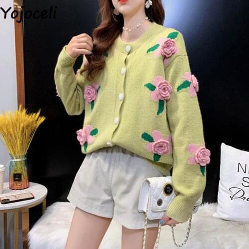Yojoceli Appliques sexy women knitted cardigan Autumn fashion floral cardigan female Elegant casual soft knitting outerwear