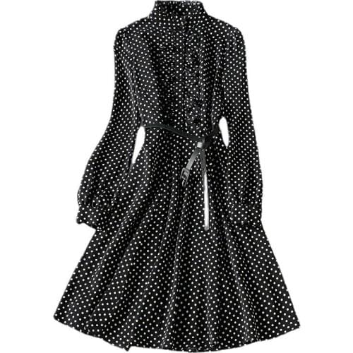 Polka Dot Dress For Women 2021 Spring Clothes New Stand Collar Long Sleeved Ruffled Slim A-Line All-Matched Dresses Midi S-XL