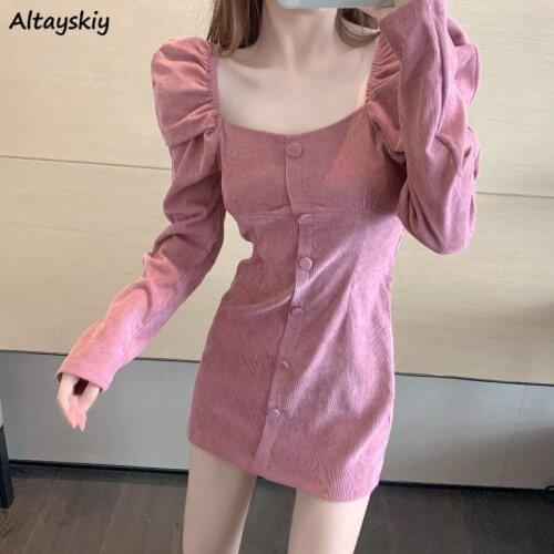 Dress Womens Square Collar Puff Sleeve Sexy Temperament Stylish Autumn Slim Retro New Ulzzang Daily Streetwear Ladies Vestidos