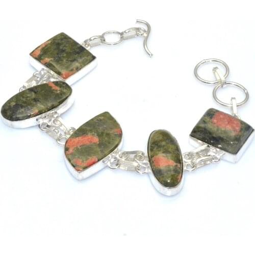 Genuine Unakite Bracelet Silver Overlay over Copper , women Jewelry gift 18.5 cm, B4258