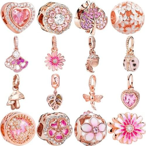 Rose Gold Flower s925 Silver Charms Pendant European Glass Bead Fit Original Charms Bracelet Chain Girl Women Jewelry Gift