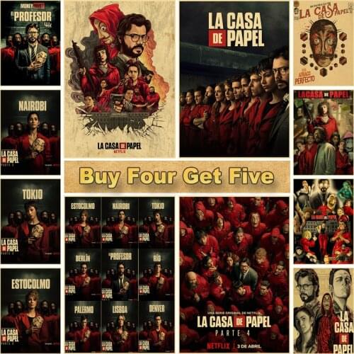 Retro La Casa De Papel Money Heist Posters Kraft Paper TV Play Vintage Poster Home Decor Room Art Painting Bar Cafe Wall Sticker