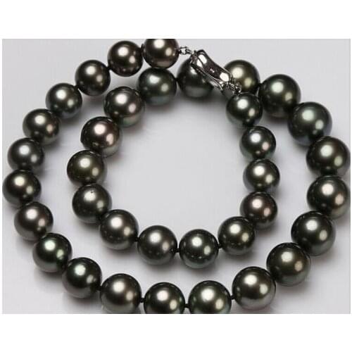 Stunning AAAA 12-13mm tahitian round black pearl necklace earring gift 18inch 925s