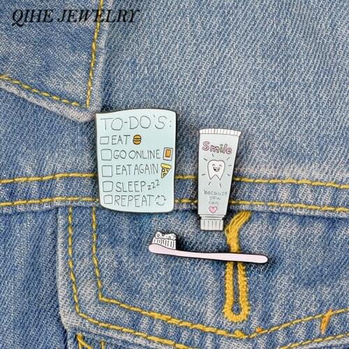 QIHE JEWELRY To Do List Toothbrush Toothpaste Pin Smile Tooth Eat Pizza Burger Lapel pin Dentist Brooches