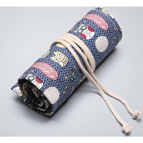 Kawaii Cute Owl Roll School Pencil Case Canvas 12/24/36/48/72 Holes Pencilcase for Boys Girls Large Big Pen Bag Stationery Pouch