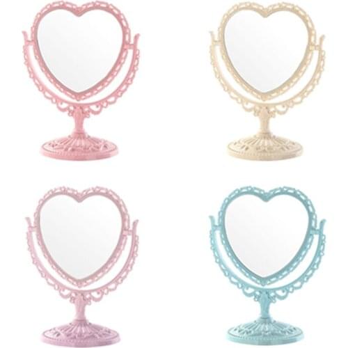 Makeup Mirror Heart Shape Rotatable Stand Table Compact Mirror Plastic Dresser Pink Blue Beige Mirrors Cosmetic Tool 2 Sides