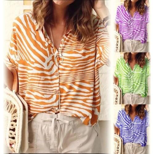 Women Zebra-Stripe Collar Button Short Sleeve Loose Casual Top Shirt Blouse