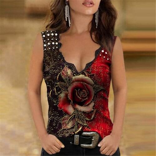 New 2021 Summer Sexy Slim Tops Fashion Blouses Women Lace Patchwork Floral Print Shirt Casual Sleeveless Plus Size Female Blouse