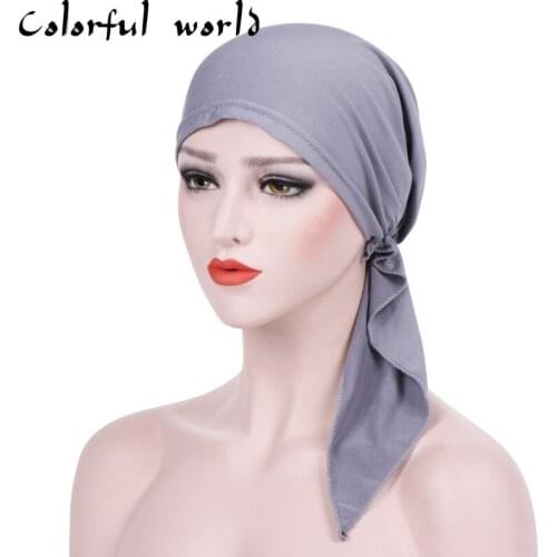 Women Muslim Inner Hijab Ladies Islamic Cross Headband Turban Headwrap Hairband Arc Two Tail Cap Toque Solid Color Pullover Cap