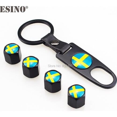 4 x Car Stainless Steel Zinc Alloy Wheel Tire Valve Stems Caps Sweden National Flag Universal With Mini Wrench Key Chain