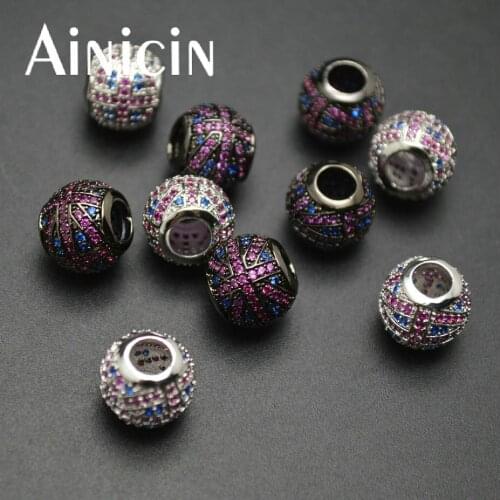 5pcs New Arrival Zircon Cubic Stone Setting UK Flag Shape 5mm Big Hole DIY Jewelry Making Round Beads