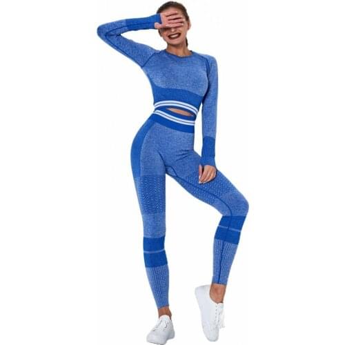 Seamless Yoga Set Knitted Quick-drying Tracksuit Women Workout Sportswear Fitness Leggings Striped Long-sleeved Blouse Pants