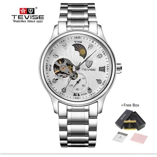 Brand Watch Men Luxury TEVISE Tourbillon Automatic Mechanical Watches Waterproof Moon Phase Steel Mens Wrist Watches Male Clock