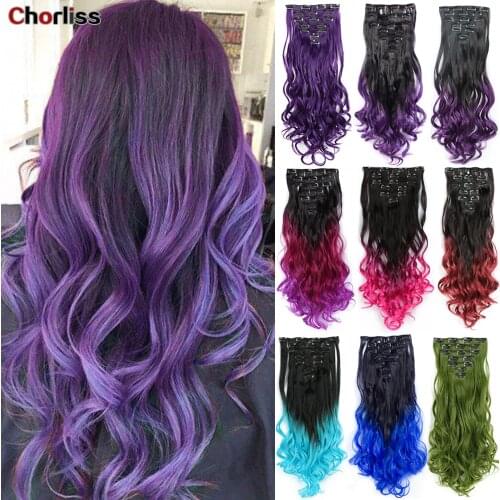 Chorilss 22inch Long Wave Hair 16 Clips In Hair Extension Black Brown Hairpiece SyntheticIn Hair High Temperature Fiber