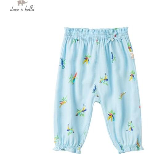 DBJ17248 dave bella summer baby girls fashion bow cartoon print pants children calf length kids pants infant toddler trousers