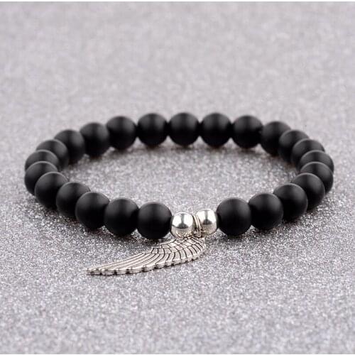 DOUVEI New Design Natural Stone 8mm Black Beads Stretch Bracelet Men Angel And Wing Charm Bracelet Bangle For Women AB246
