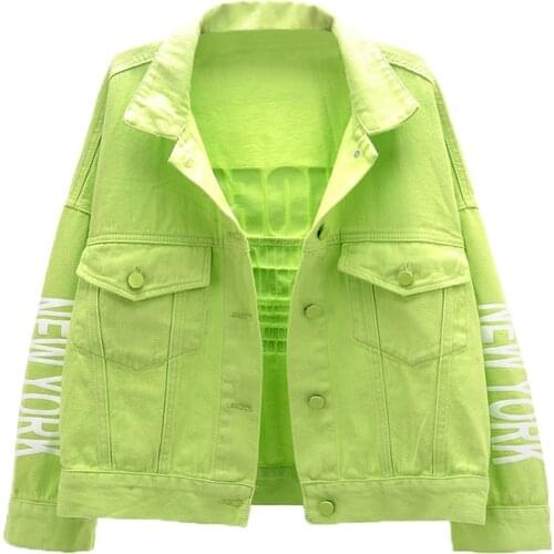 2020 Spring Autumn Denim Jacket Green Orange Single-breasted Loose Outerwear Bright Letter Print Short jeans Jacket Casual Tops