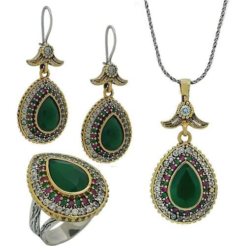 Emerald Gemstone Hurrem Sultan Set Drop Silver Triple Lady Jewelry