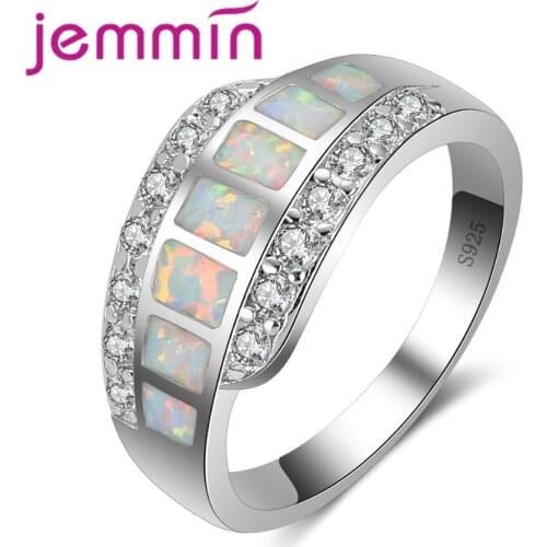 New Arrival Full Square Rainbow Opal 925 Sterling Silver Ring White CZ Crystal Stone Inlaied Fashion Jewelry