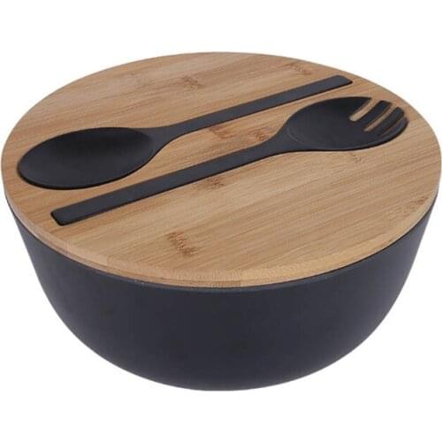 H7JB Creative Bamboo Fiber Salad Bowl with Lid Spoon Fork Servers Set Large Deep Soup Food Mixing Container Fruits Vegetables