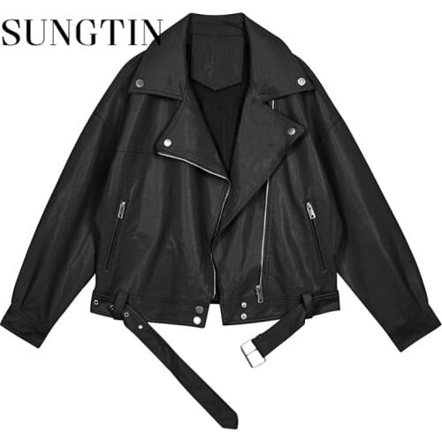 Sungtin Loose Pu Leather Jacket Women with Belt Black Soft Faux Leather Jacket Street Moto Biker Leather Coat Jacket Outerwear