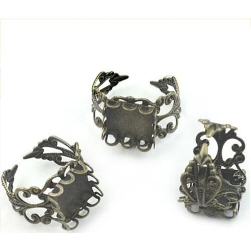 Wholesale 10pcs 12mm Antique Bronze Square Adjustable Ring Settings Blank Base Fit 12mm Glass Cabochons Jewelry Making