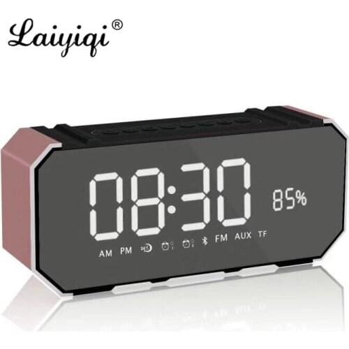 Laiyiqi Metal texture Bluetooth speaker Mirror LED stereo subwoofer bass Alarm FM radio clock stereo Amplifier caixa som reveil