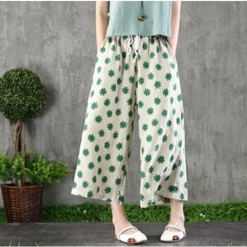 Summer Pants Fashion Loose Elastic Waist Trousers Ladies New Retro Print pocket Mori girl Blended 2018 Pants Casual Trousers