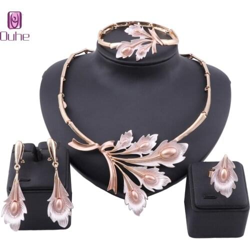 Fashion Nigerian Wedding African Costume Jewelry Set Dubai Neckace Bangle Earrings Ring For Women Party Jewelry Sets 3 Colors