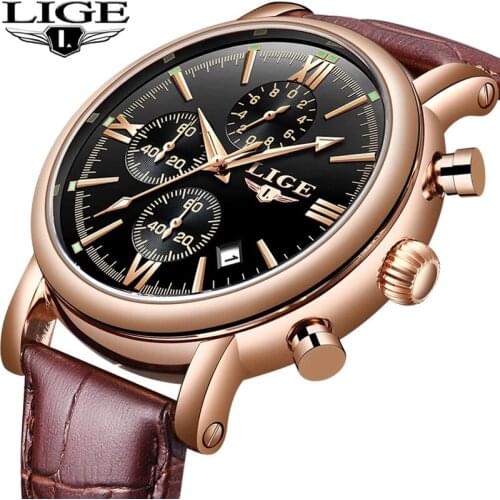 LIGE 9958 Mens Fashion Trend Business Waterproof Watch Casual Sports Multi-Function Luminous Leather Quartz Wristwatches Male