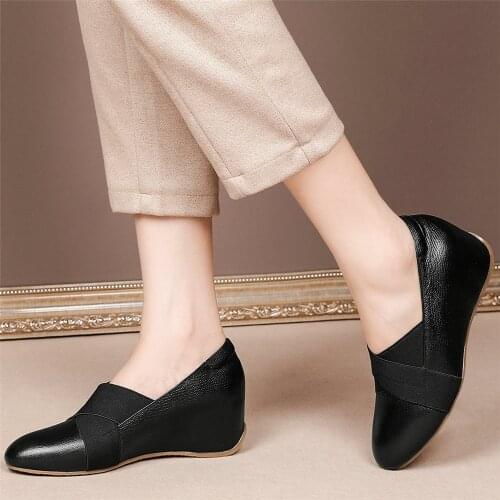 US Size 3-US Size 10.5 Women Genuine Leather Wedges Ankle Boots Female Low Top Round Toe Pumps Slip On Oxfords Shoe Casual Shoes