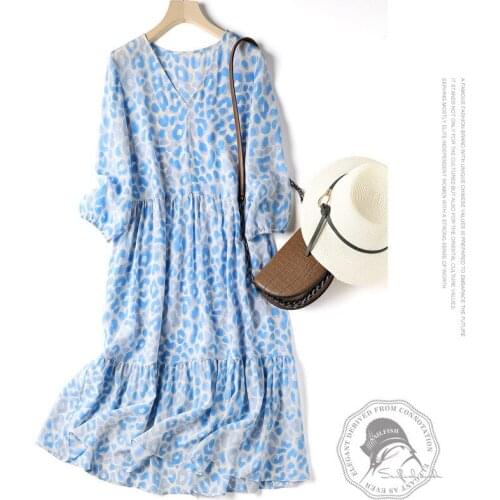 Island Holiday Fresh Blue Circle Print v-neck high grade Mulberry Silk Dress Summer New Loose looks Thin long skirt one-piece