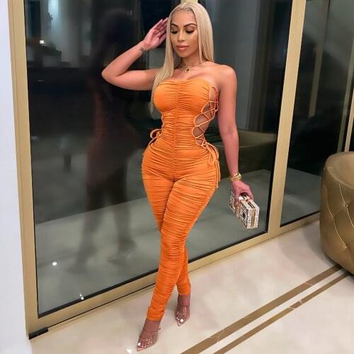 Sexy Women Jumpsuit Stacked Cross Bandage Pleated Solid Color Off Shoulder Streetwear Long Romper Women Jumpsuit Outfit