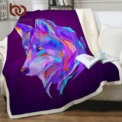 BeddingOutlet Wolf Furry Blanket Animal Head Throw Blanket Watercolor Zebra Tiger Panda Sherpa Fleece Blanket Purple Bedspreads
