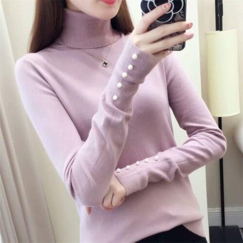 Turtleneck Womens Sweaters 2020 Fall Winter New Thin Bottomed Sweater Korean Pullover Loose Beading Long Sleeve Knitwear Female