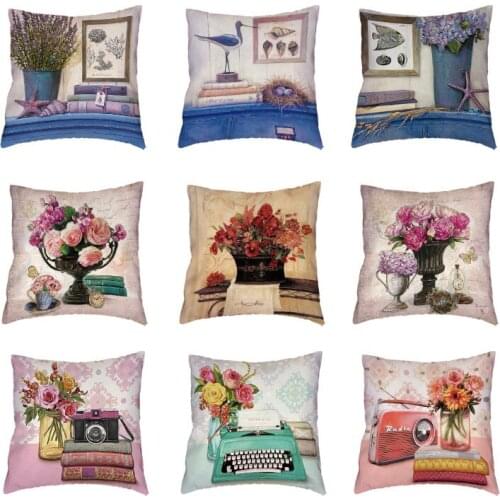 Vintage Colorful Flower Cushion Cover Decorative White Pillowcase For Sofa Polyester Peach Skin Throw Pillow Case Lumbar Support