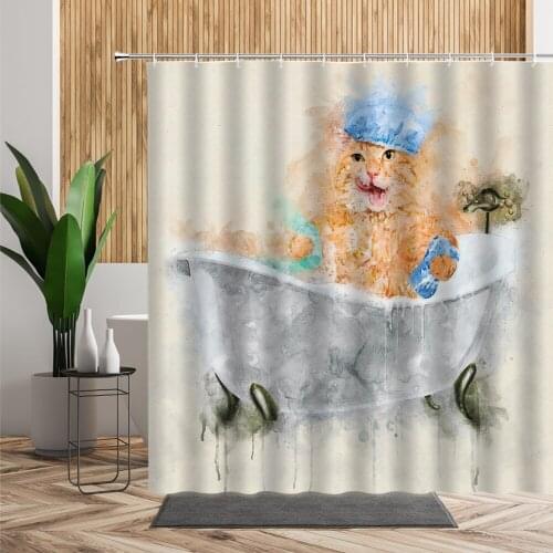 Cute Bathing Cat Bathroom Shower Curtain Funny Animal Pattern Bath Decor Originality Backdrop Cloth Waterproof Decorate Curtains