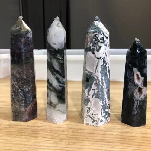 9-10cm Natural Crystal Magic wand Green water grass agate Crystal point Healing Moss Jade Hexagonal crystal column ornaments 1pc