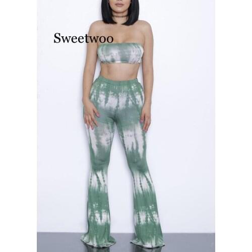 Summer 2020 Women Runway Crop Top & Pants Sexy Night Party Club Stretch Matching Tie Dye Print Two Piece Clothing Sets