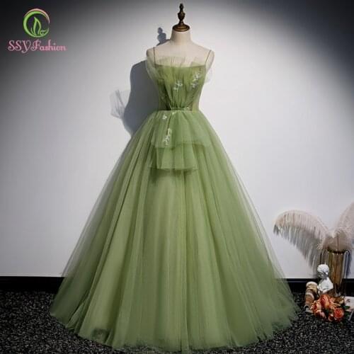 SSYFashion New Refreshing Sweet Light Green Evening Dress Sexy Strap A-line Long Prom Dresses Formal Gowns Vestido De Noche