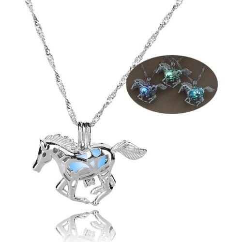 2021 Glowing in The Dark Horse Necklace For Women Fashion luminous Bead Animal Cage Pendant Chain Jewelry Gift