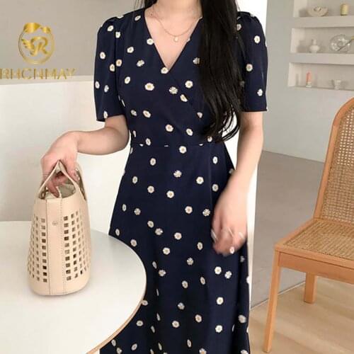 Summer Korean Version Chiffon Dress 2021 New Womens V-neck Daisy Bow Print A-line Long Skirt Short Sleeve High Waist Dress