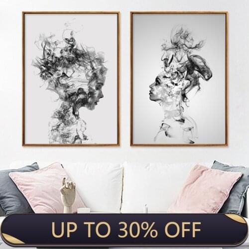 Peinture abstraite affiche noir et blanc mural moderne garçon fille fumée mur décoration de la maison toile peinture