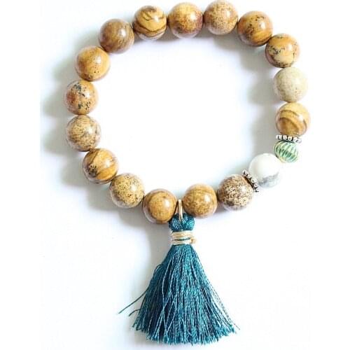 10mm stone beads tassel pendant charm stretch bangle bracelet men women jewelry