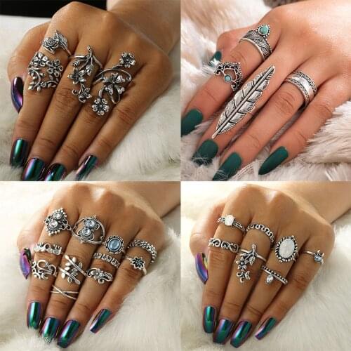 12Pcs/Set Retro Antique Silver Color Crystal Rose Flower Lotus Crown Elephant Ring Luxury Shiny Knuckle Sets Wedding Jewelry