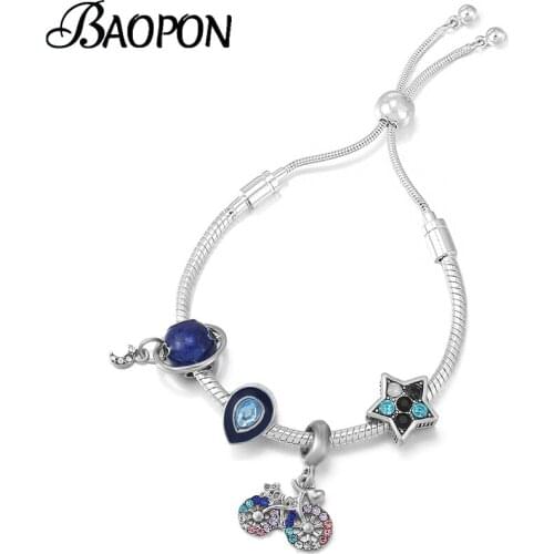 2021 Trendy Crystal Star Moon Bicycle Beads Charm Bracelet With Silver Color Adjustable Chain Bracelets For Women Jewelry Gift