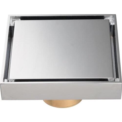 4 inch Square Brass Shower Floor Drain Chrome with Tile Insert Grate Removable Cover Bathroom Copper Decor Accessory