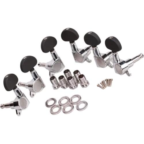 6PCS 3L3R Chrome Guitar String Machine Heads Tuning Pegs Keys Tuners with Black Buttons for Acoustic, Electric Guitars